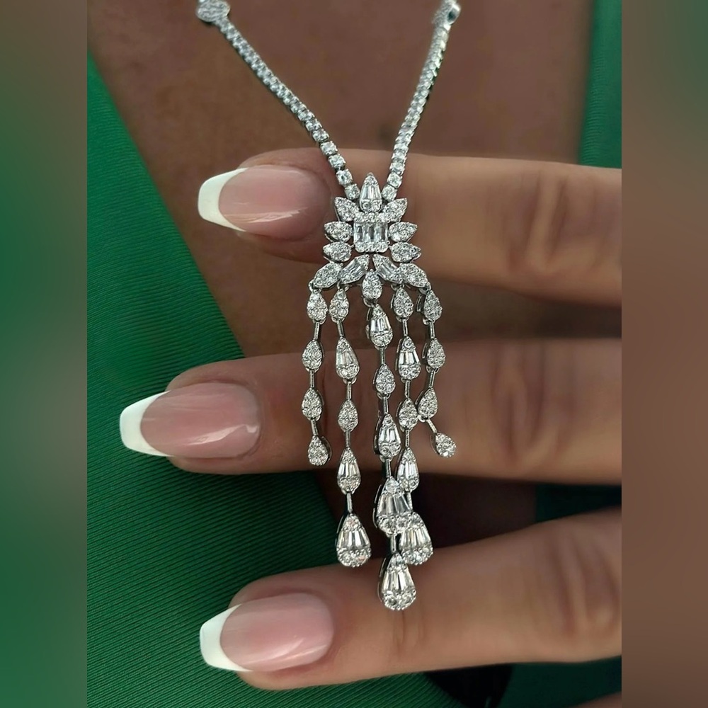 White Gold Plated Made W Swarovski Crystal Women's Long Necklace Bridal Jewelry - Picture 5 of 8